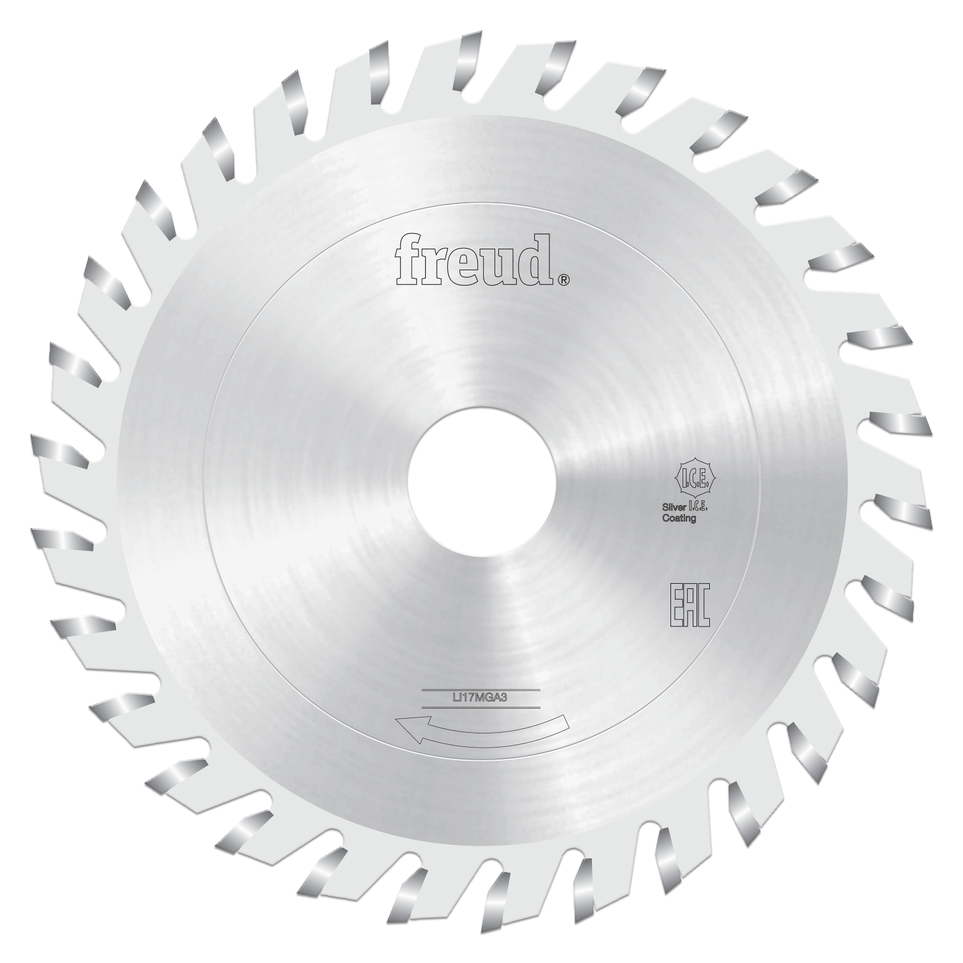 Freud 120mm circular saw blade with flat teeth and silver coating, center bore hole visible.