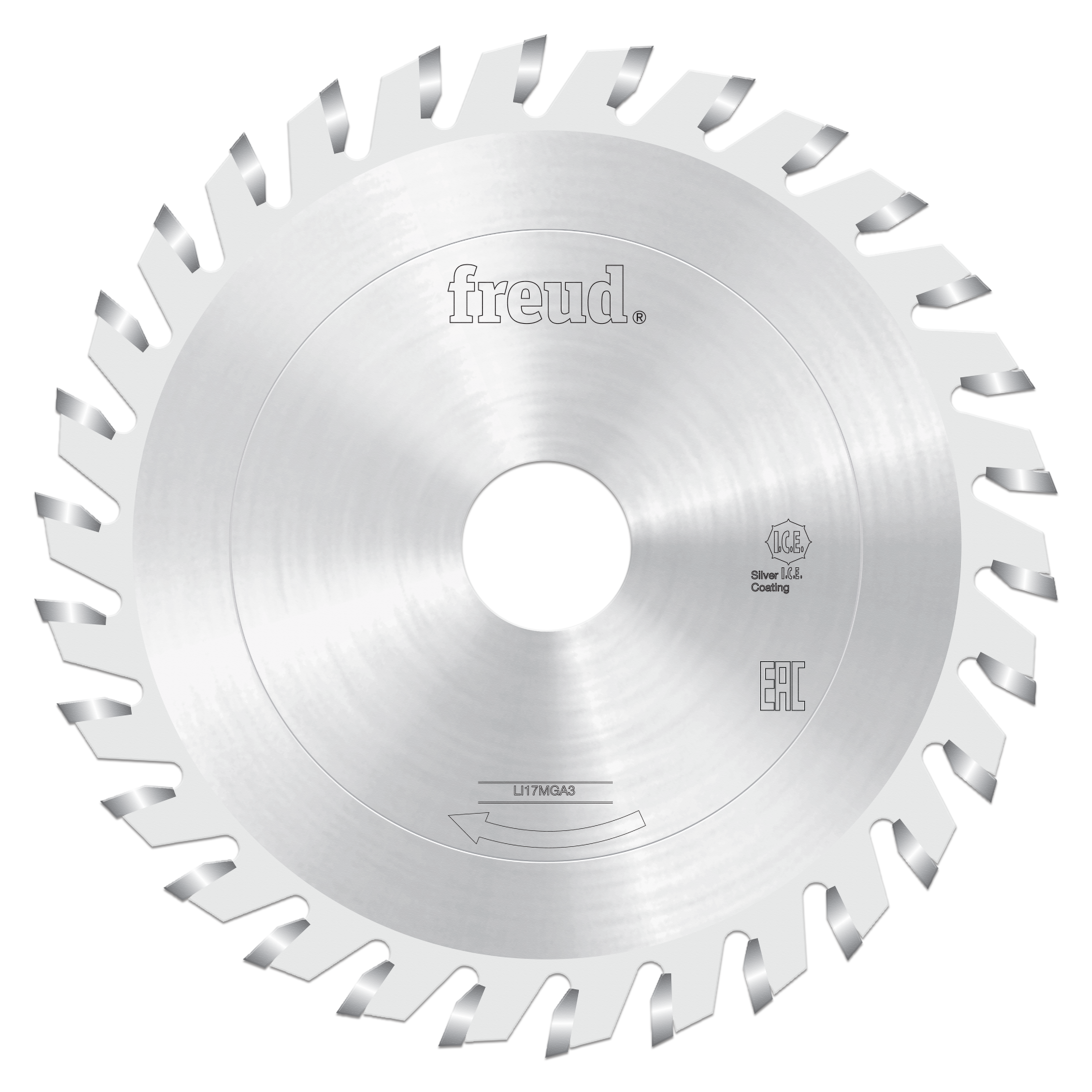 Freud 120mm circular saw blade with flat teeth and silver coating, center bore hole visible.