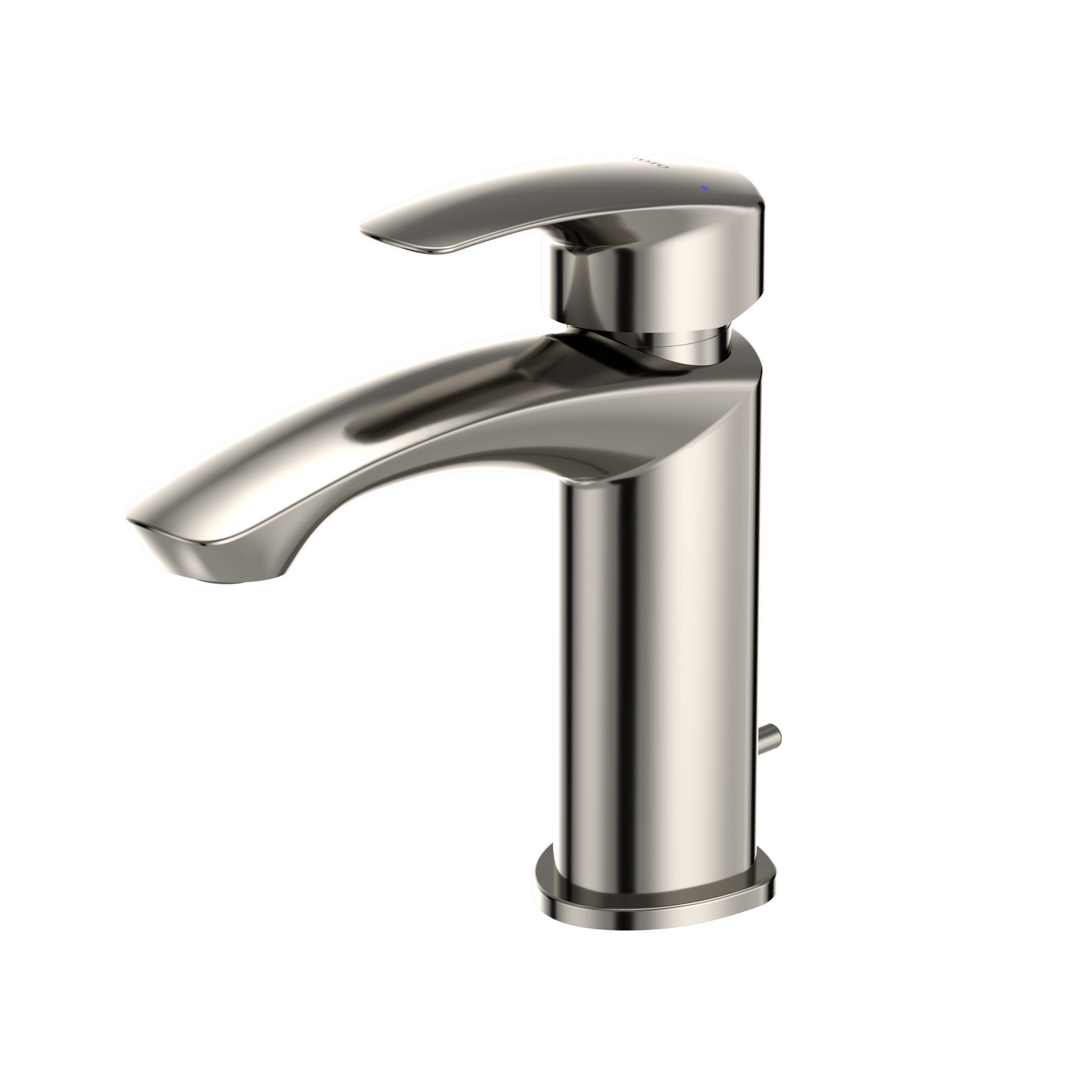 Polished nickel single-handle bathroom sink faucet with curved spout and cylindrical body.