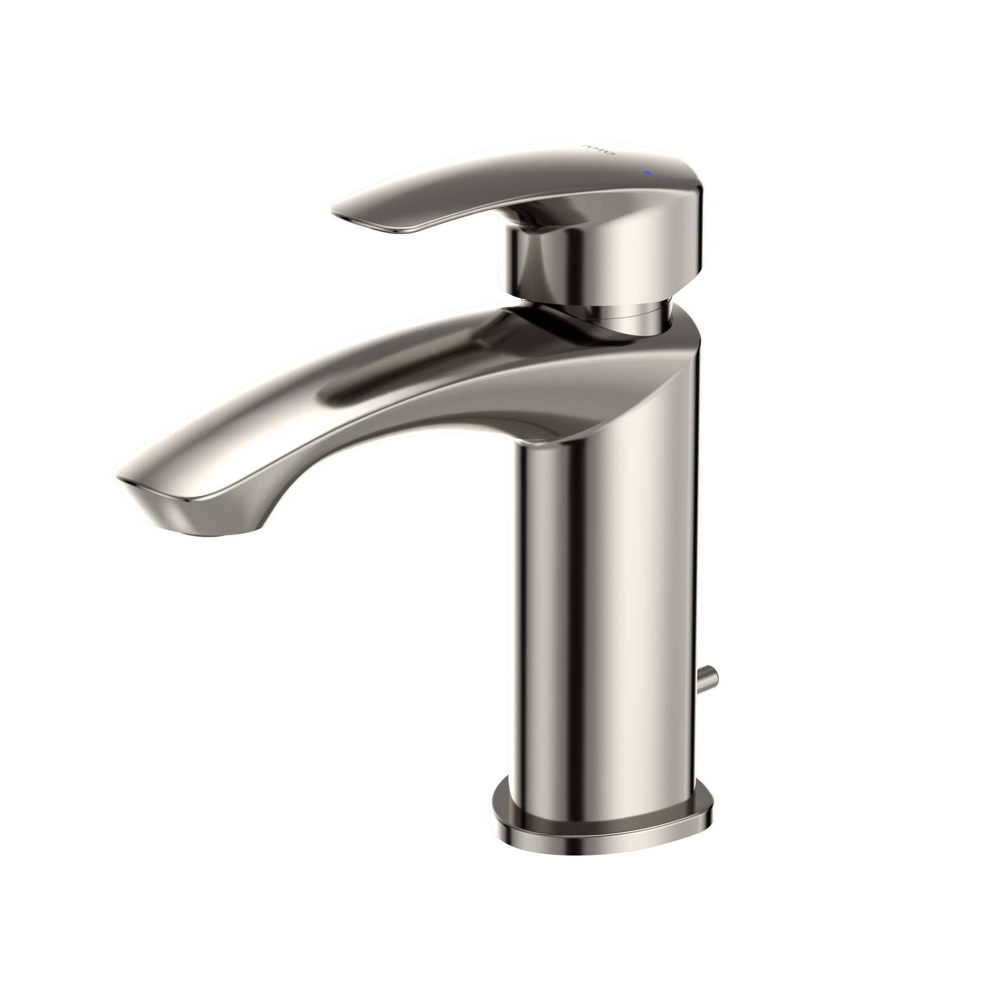 Polished nickel single-handle bathroom sink faucet with curved spout and cylindrical body.