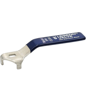 Stainless steel valve wrench with blue handle and curved hook end for gripping.