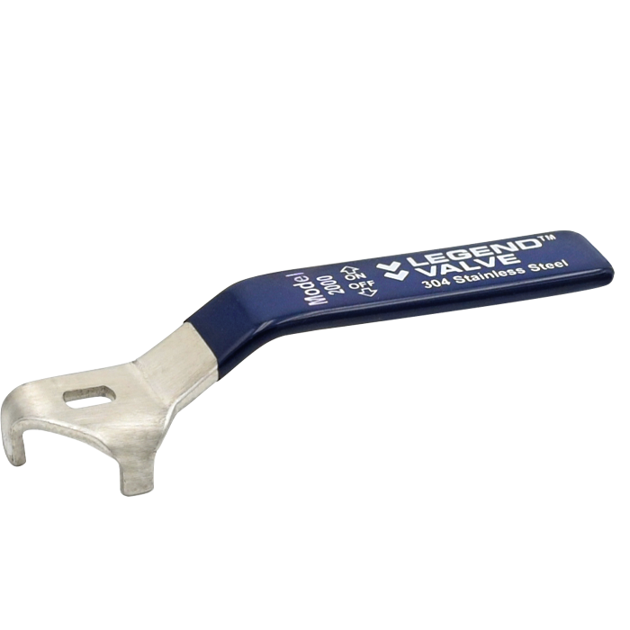Stainless steel valve wrench with blue handle and curved hook end for gripping.