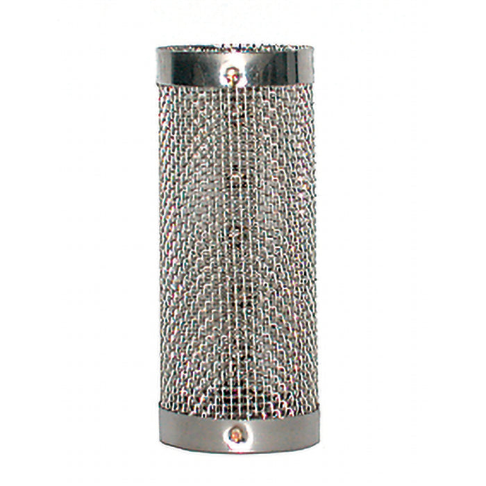 Cylindrical stainless steel mesh screen with metal end caps and mounting holes.