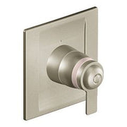Brushed nickel square valve trim with single lever handle and circular escutcheon plate.