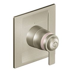 Brushed nickel square valve trim with single lever handle and circular escutcheon plate.