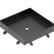 Matte black square drain cover with center drain opening and four rubber feet.