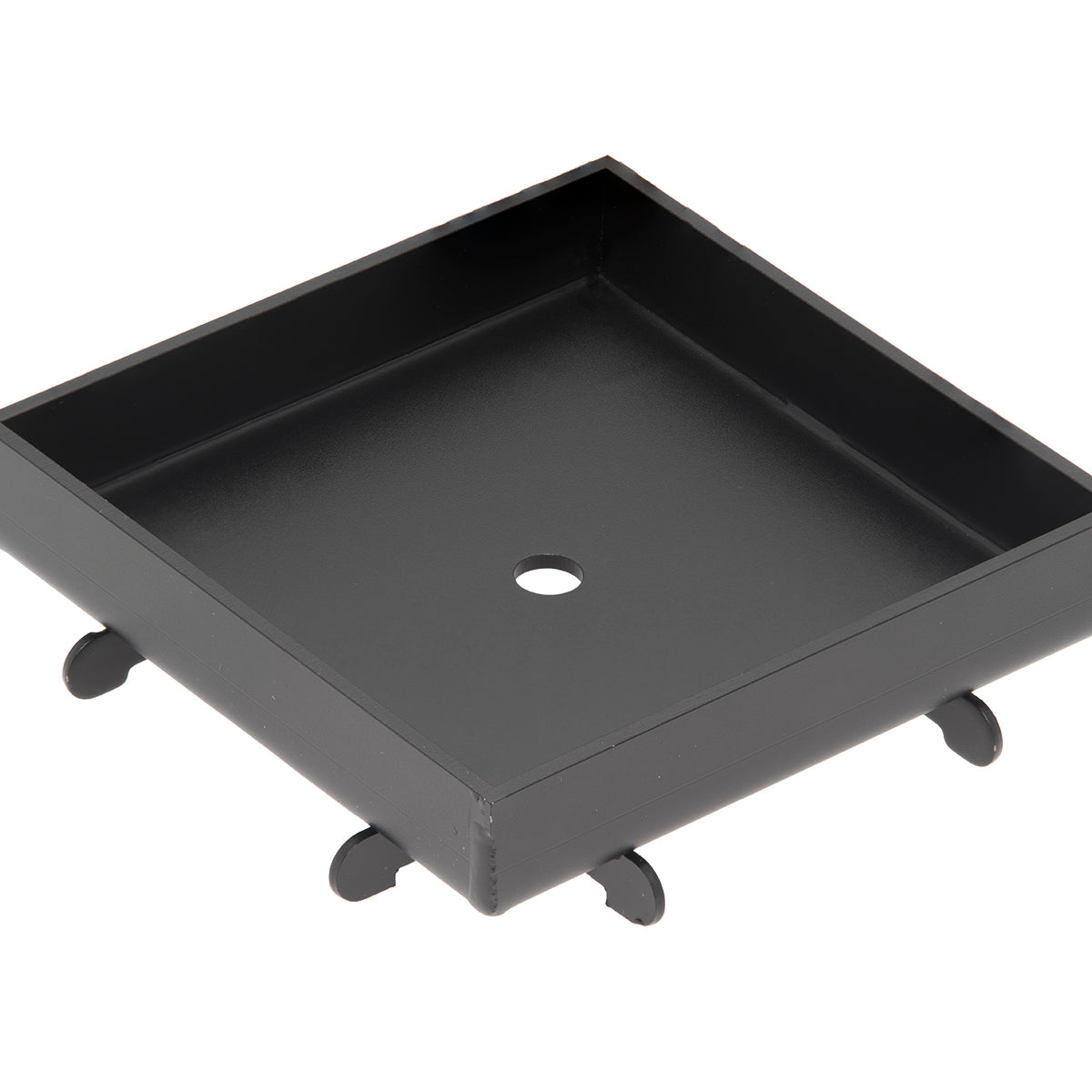 Matte black square drain cover with center drain opening and four rubber feet.