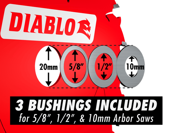 Diablo 5.5-inch saw blade with 18 teeth and three arbor bushings in 20mm, 5/8", 1/2", and 10mm sizes.