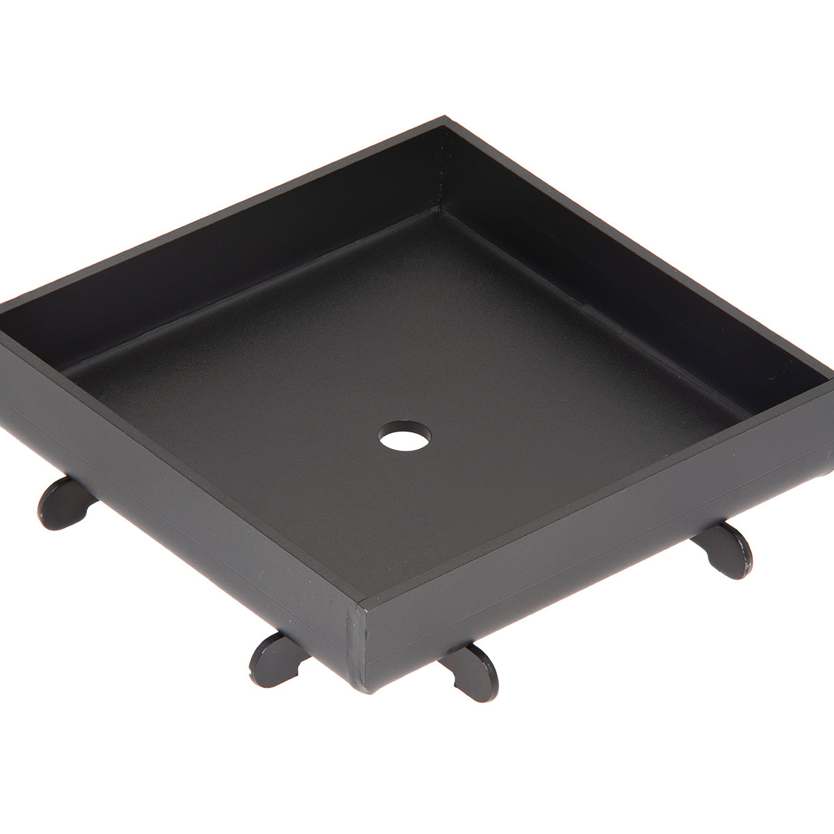 Oil rubbed bronze square drain cover with center opening and adjustable feet.