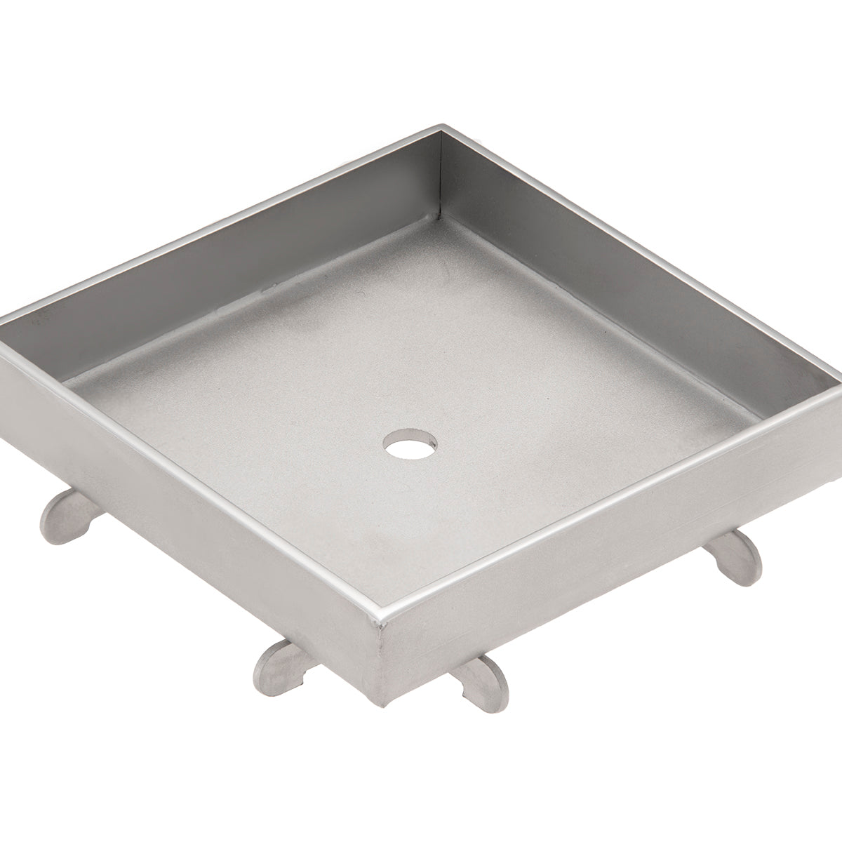 Polished stainless steel square drain cover with center opening and four feet, shown at an angle.