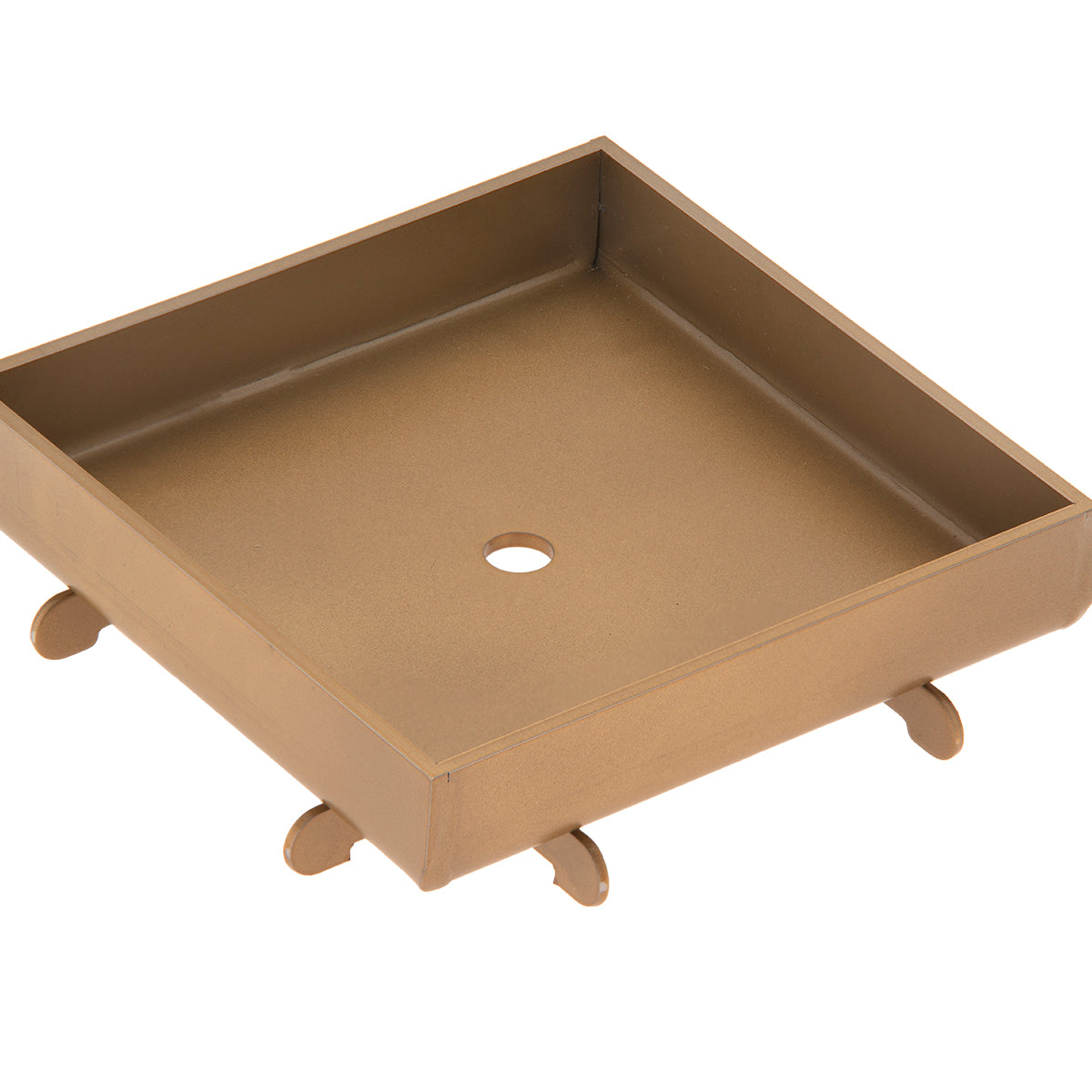 Satin bronze square drain cover with center opening and four corner feet.