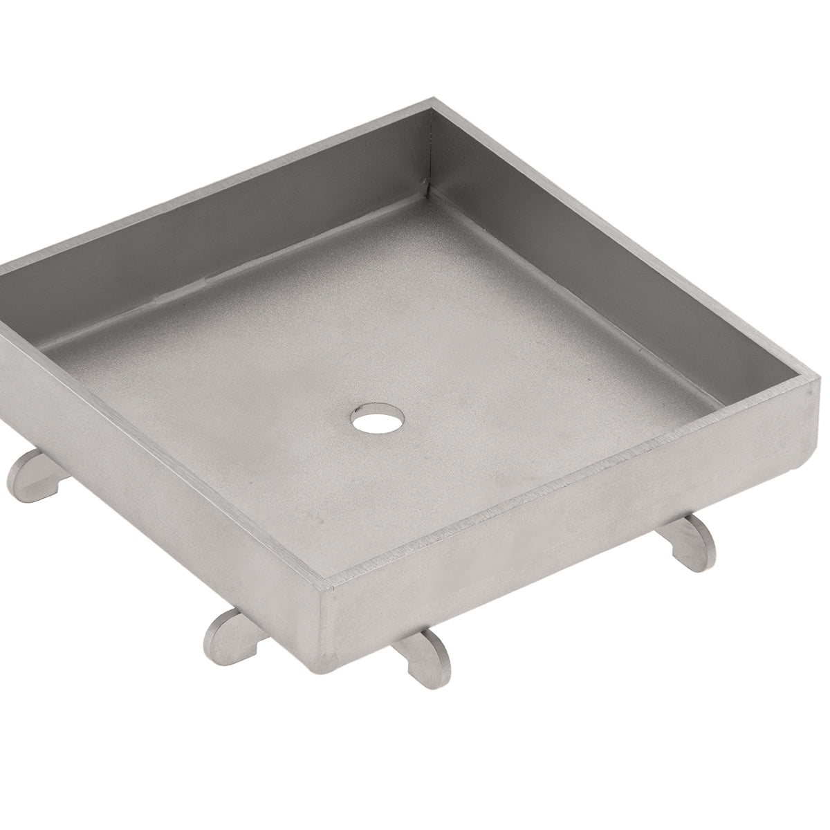 Satin stainless steel square drain cover with center opening and four corner feet.