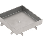 Satin stainless steel square drain cover with center opening and four corner feet.