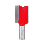 Red double flute straight router bit with silver metal shank and Freud branding.