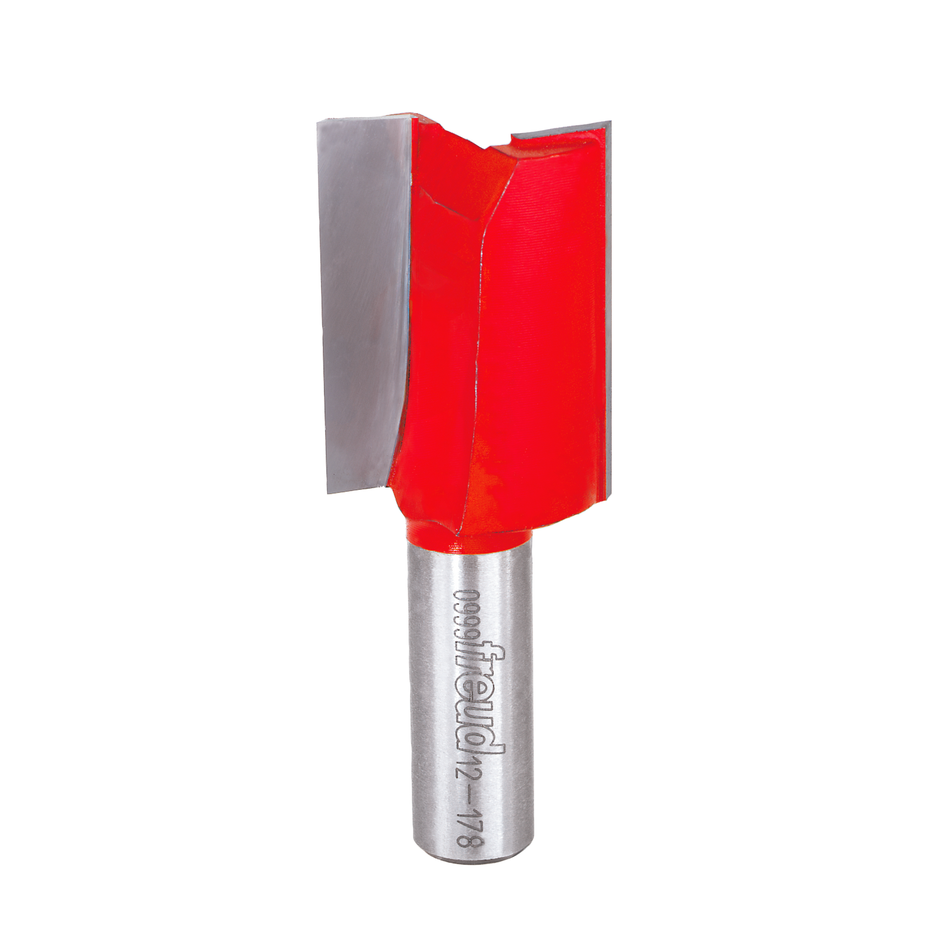 Red double flute straight router bit with silver metal shank and Freud branding.