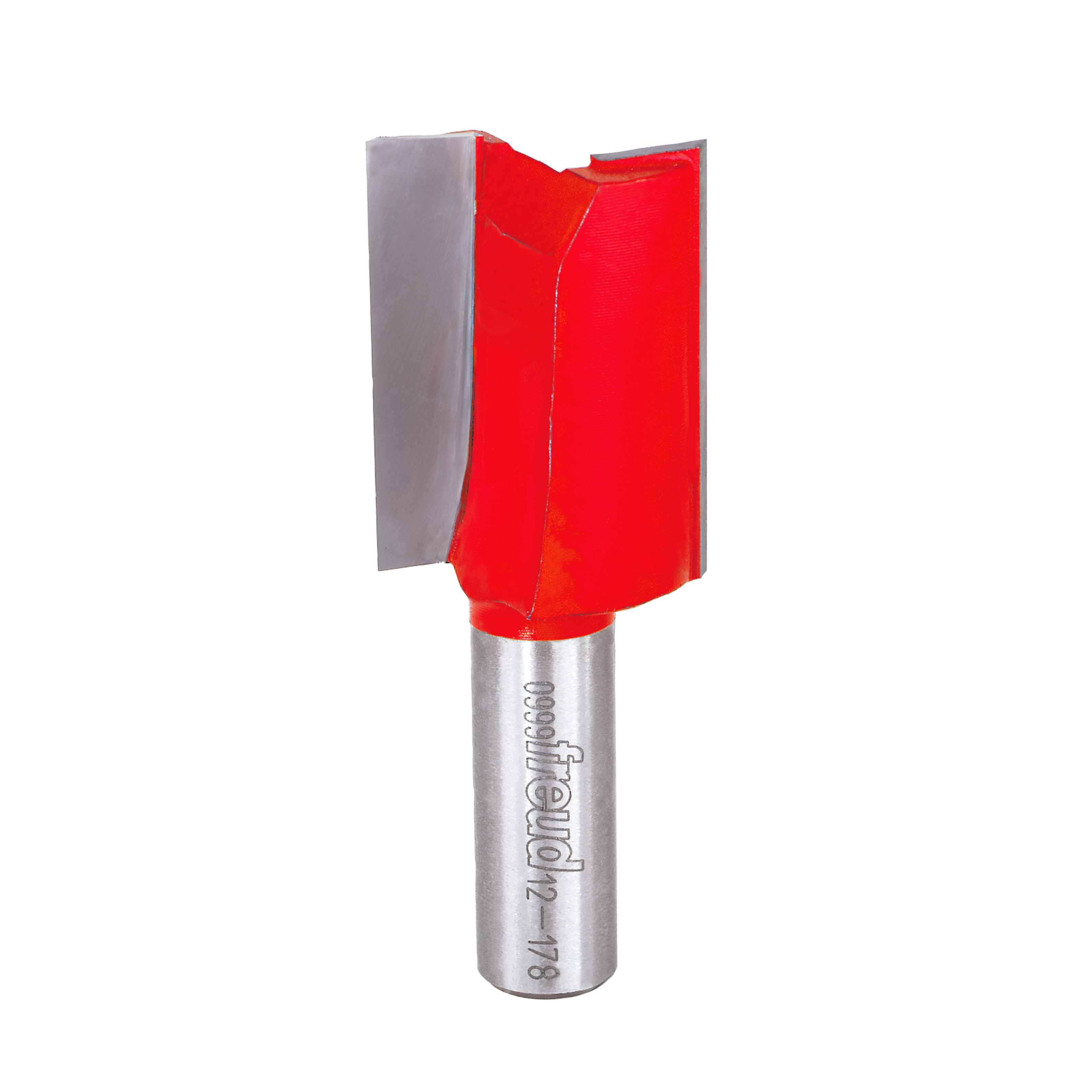 Red double flute straight router bit with silver metal shank and Freud branding.
