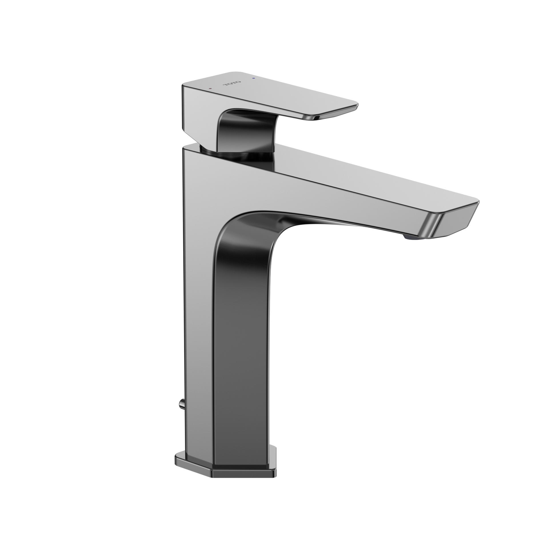 Polished chrome single-handle bathroom sink faucet with rectangular spout and black accent details.
