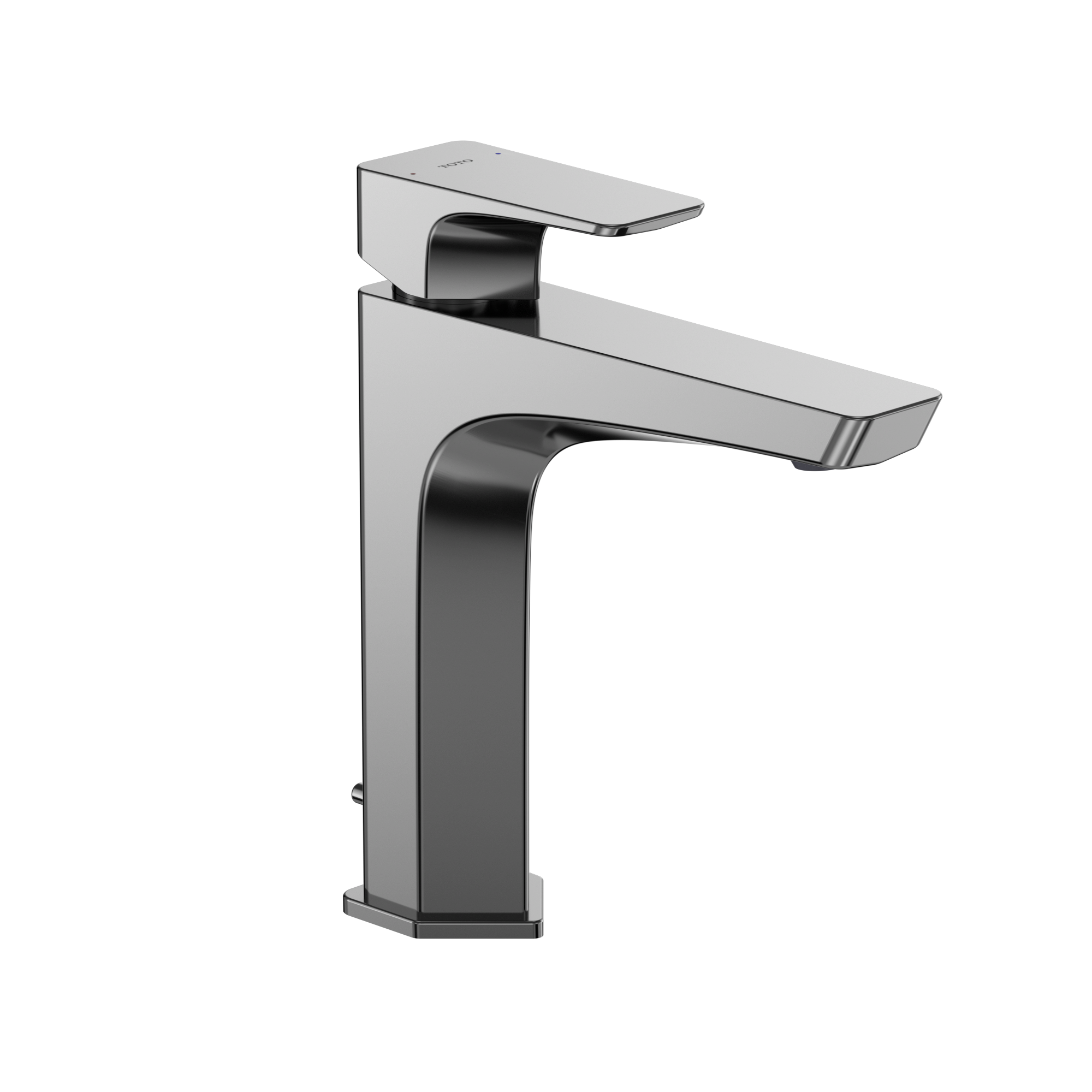 Polished chrome single-handle bathroom sink faucet with rectangular spout and black accent details.