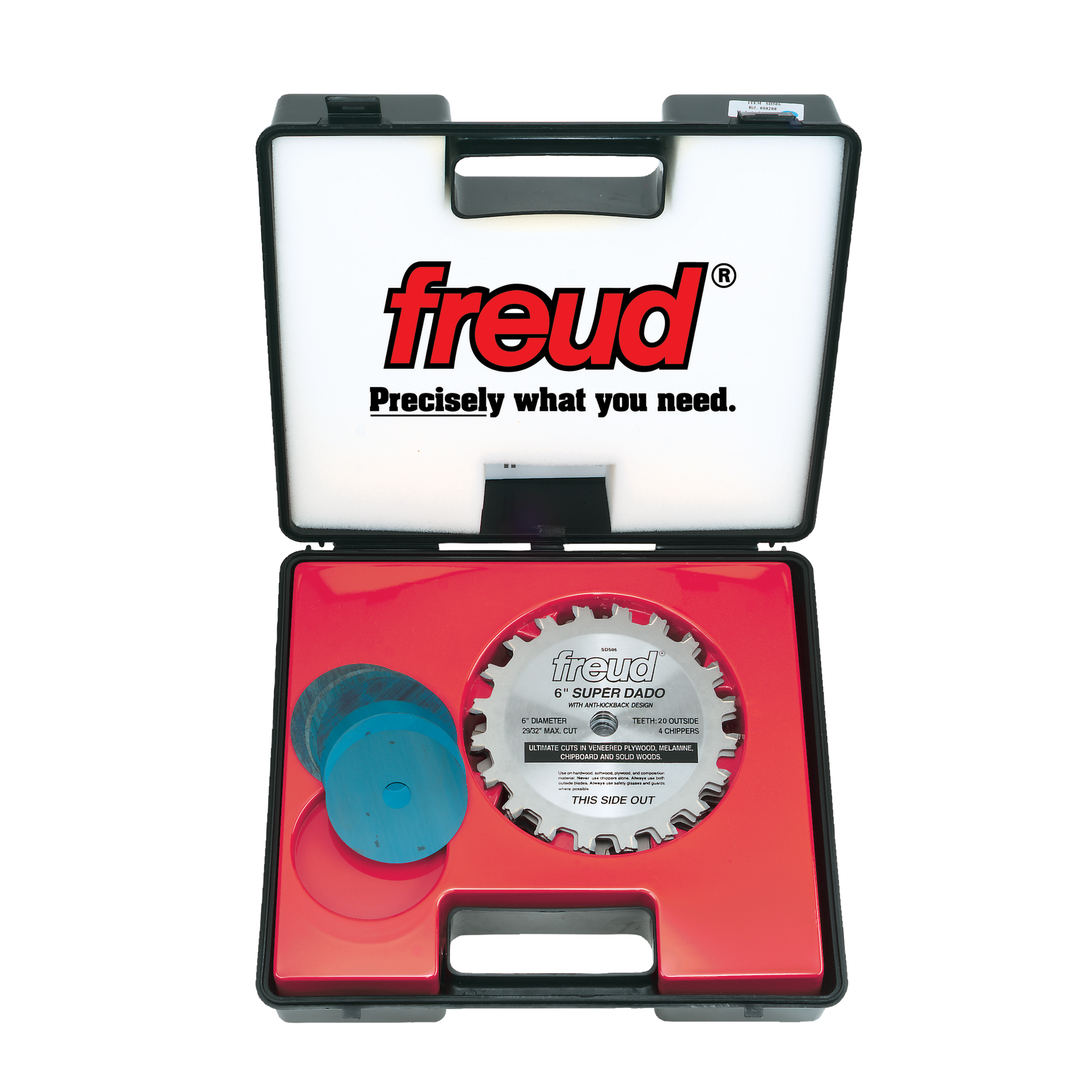 Freud SD506 6-inch Super Dado saw blade set in black carrying case with red foam insert containing blade and accessories.