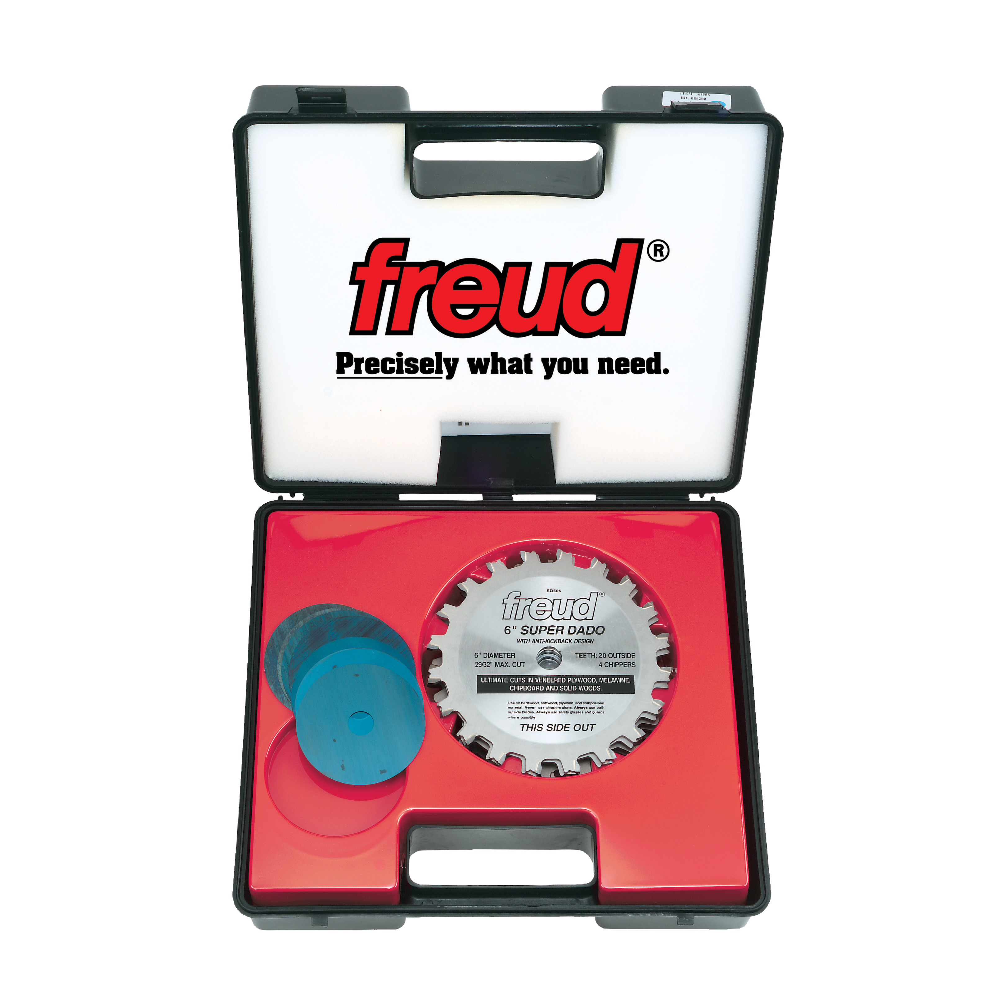Freud SD506 6-inch Super Dado saw blade set in black carrying case with red foam insert containing blade and accessories.