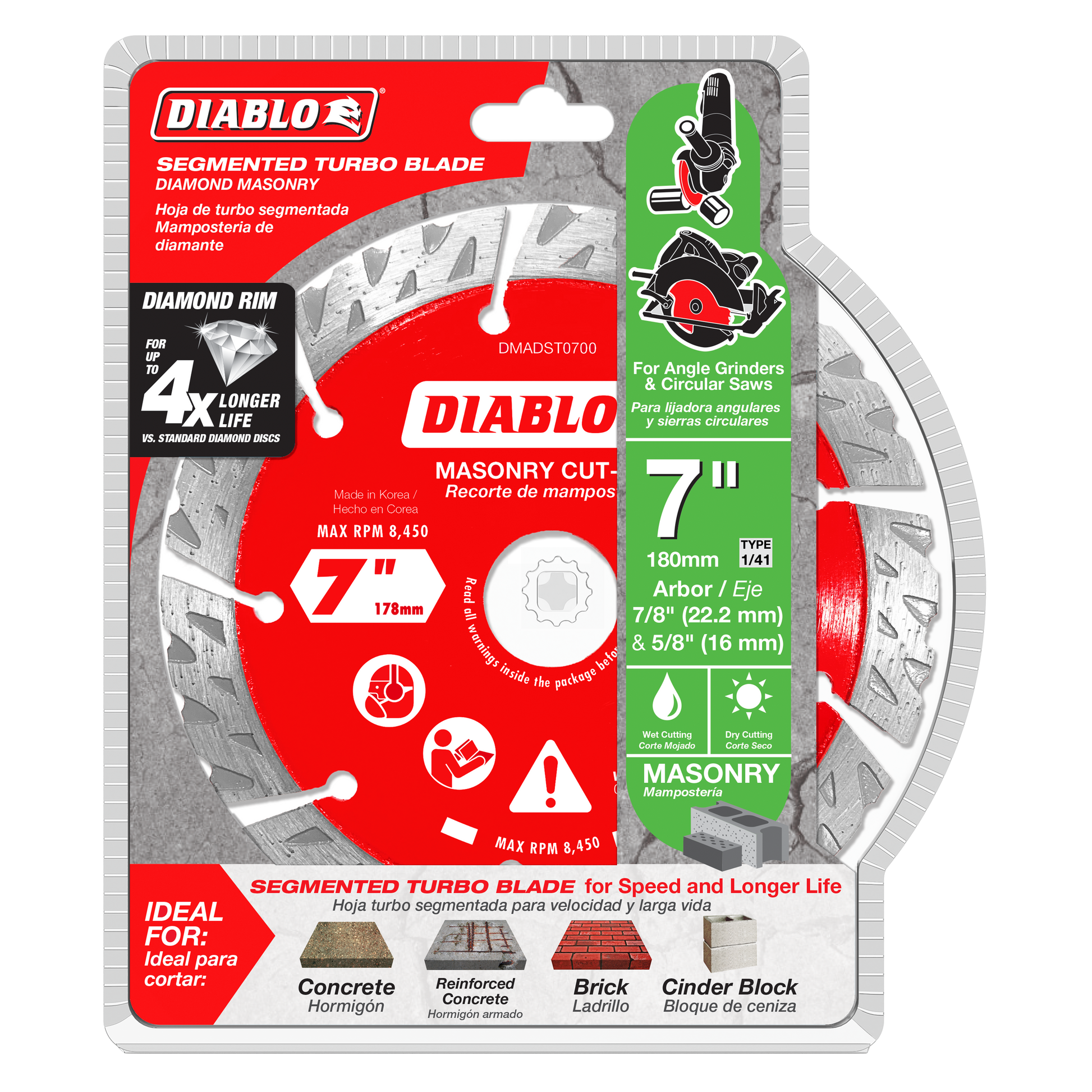 Diablo 7-inch segmented diamond cut-off disc with red and gray blade in retail packaging for masonry cutting.