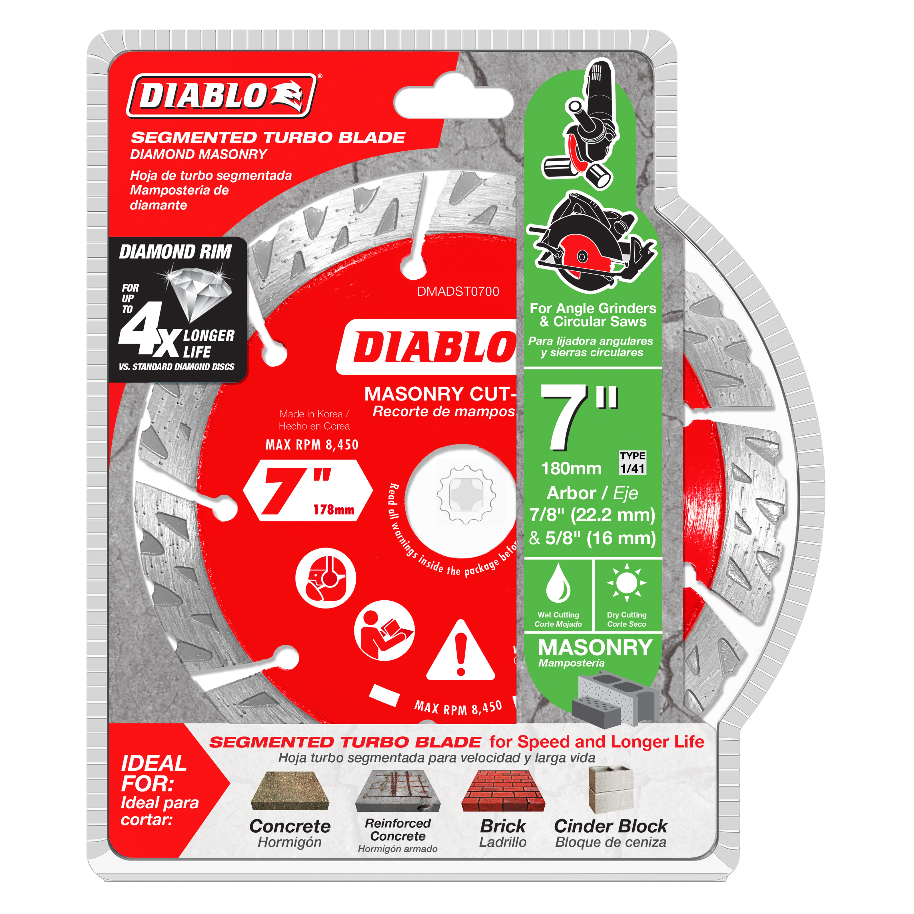 Diablo 7-inch segmented diamond cut-off disc with red and gray blade in retail packaging for masonry cutting.