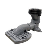 Gray PVC toilet adapter with curved pipe and black cap connector mounted on rectangular base plate.