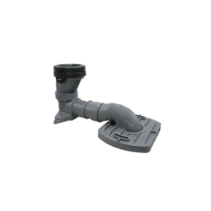 Gray plastic rough-in adapter kit with cylindrical connector and angled mounting base for toilet installation.