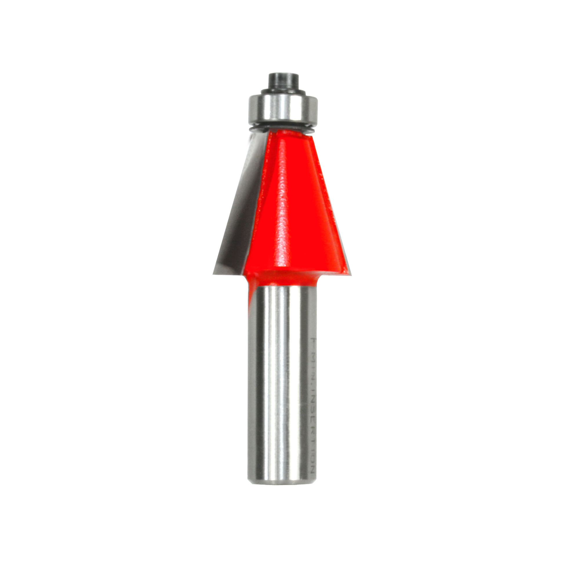 Metal chamfer bit with red cutting head and silver cylindrical shank with threaded collar.
