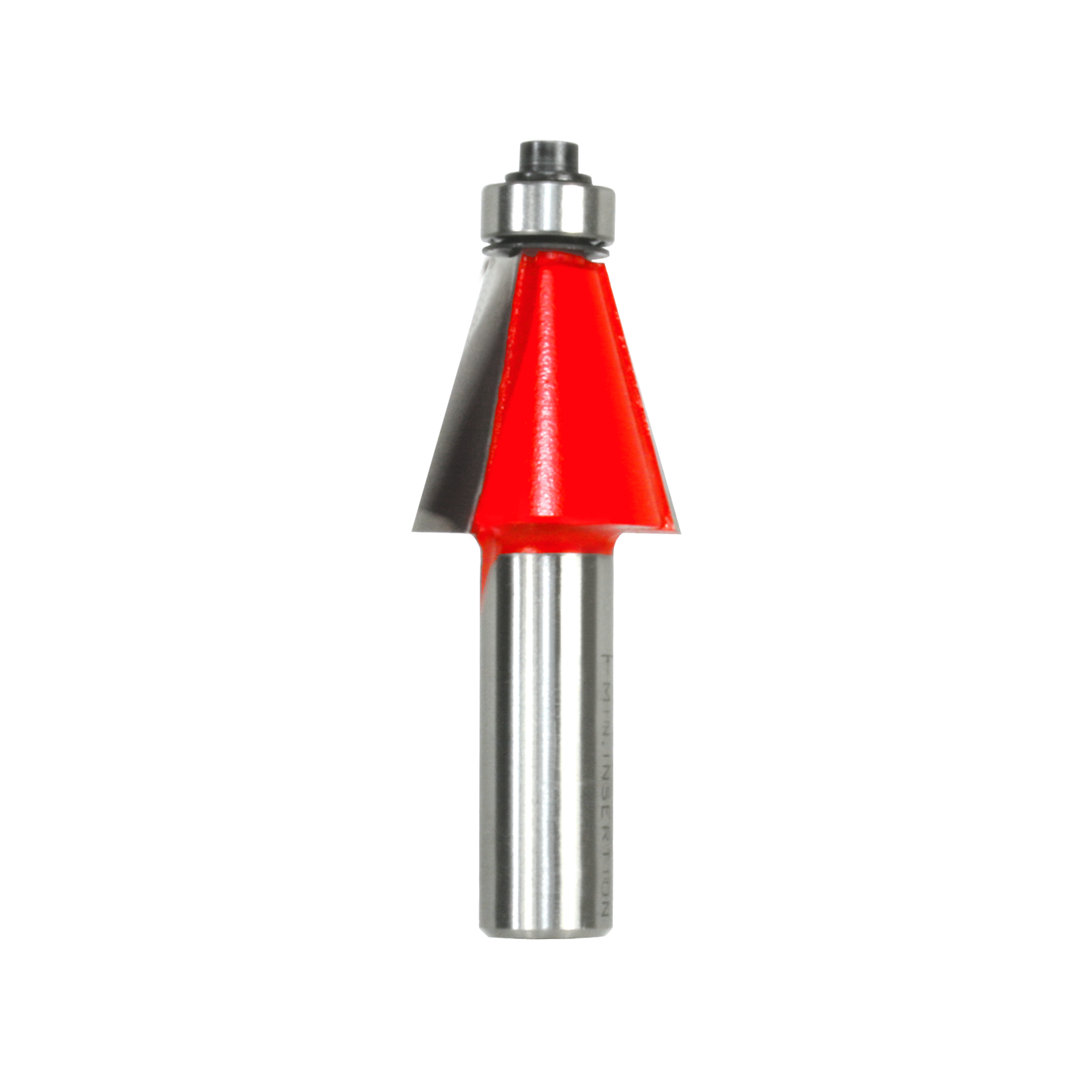Metal chamfer bit with red cutting head and silver cylindrical shank with threaded collar.