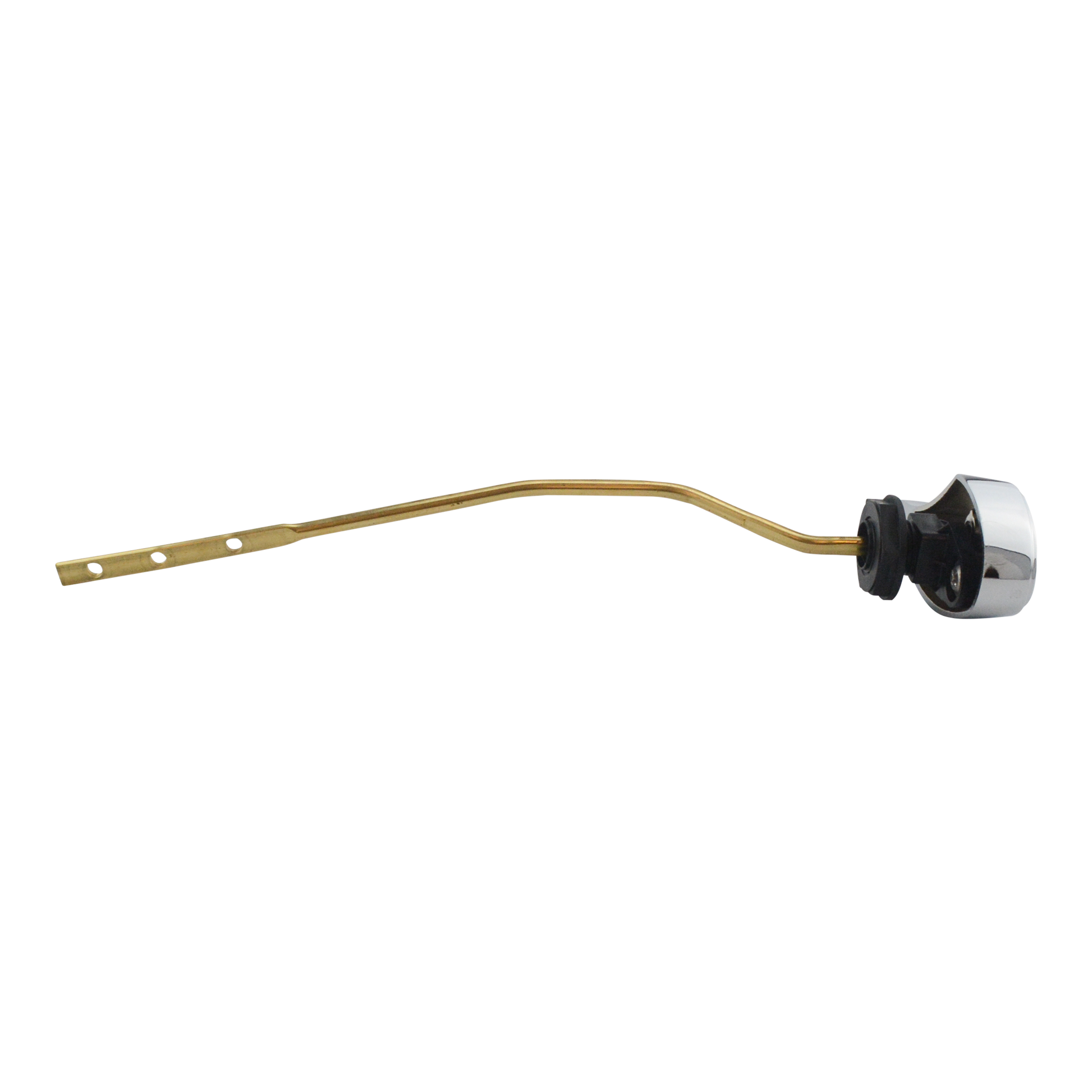 Polished chrome trip lever with brass arm and mounting holes for toilet tank.