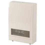 Beige wall-mounted natural gas furnace with horizontal louver vents and rounded corners.