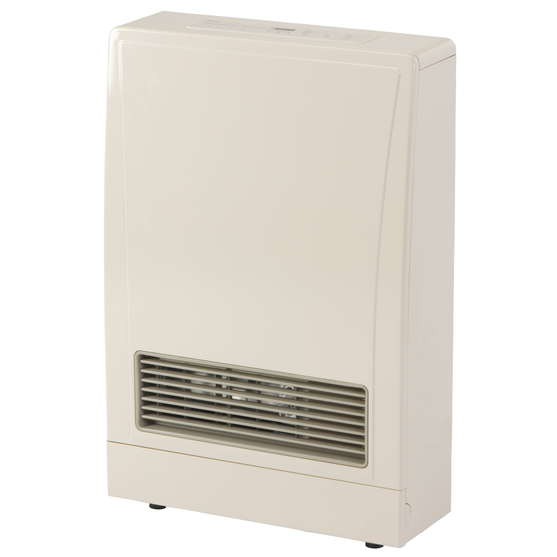 Beige wall-mounted ductless furnace with horizontal louver vents at bottom and rounded rectangular housing.
