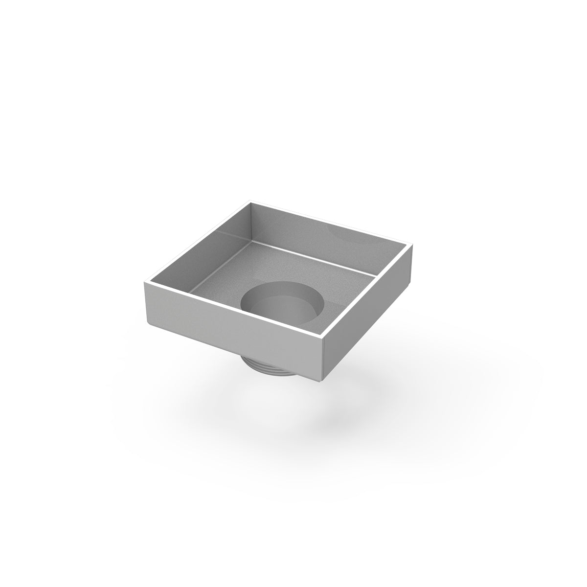 Square stainless steel drain with center opening and polished finish, shown from angled view.