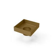 Satin bronze square floor drain with center outlet and sloped basin.