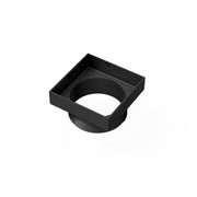 Matte black square drain throat with center opening and threaded base connection.
