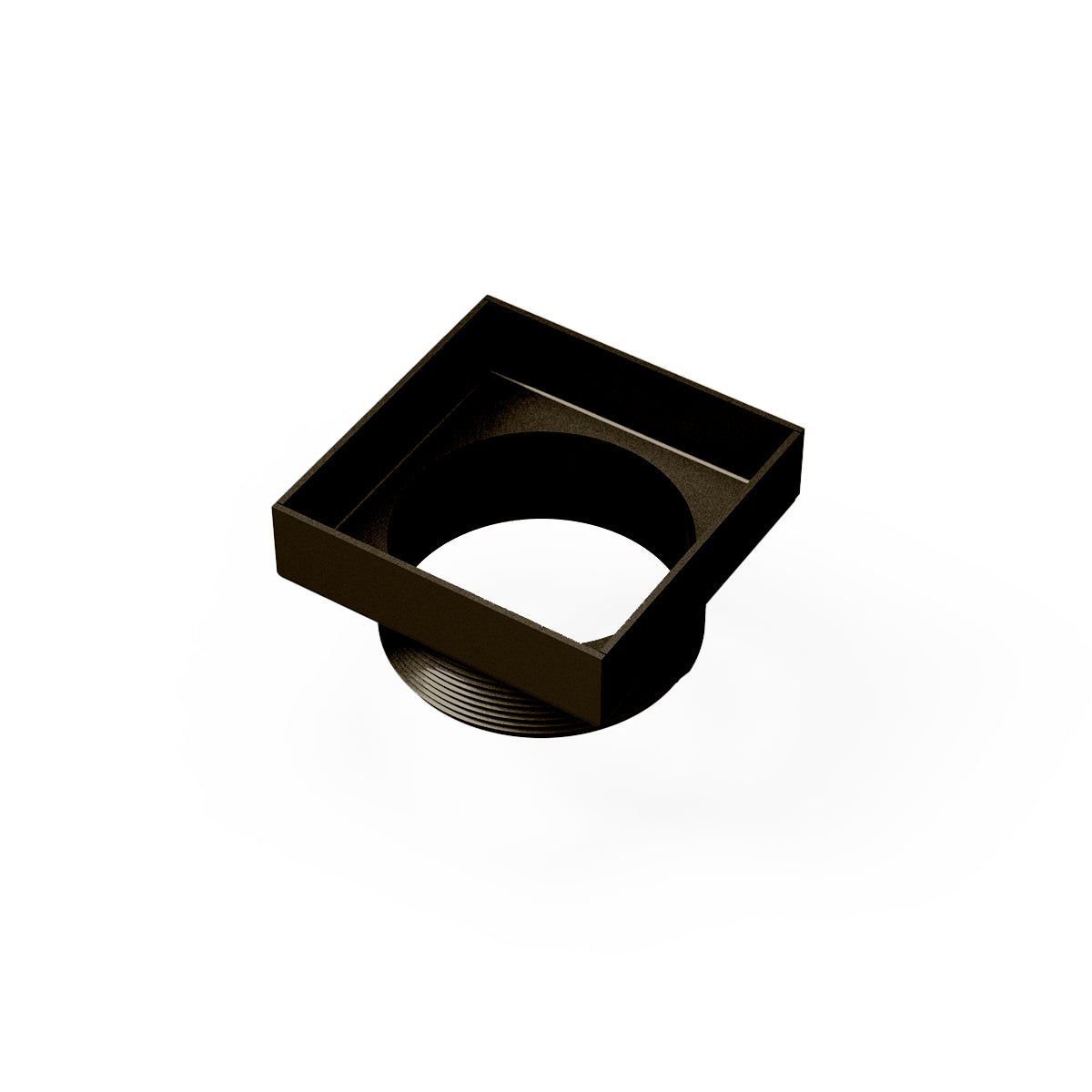 Square oil rubbed bronze drain throat with center opening and threaded base connection.