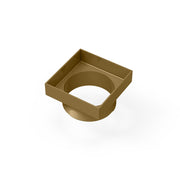 Satin bronze square drain throat with center opening and threaded outlet connection.