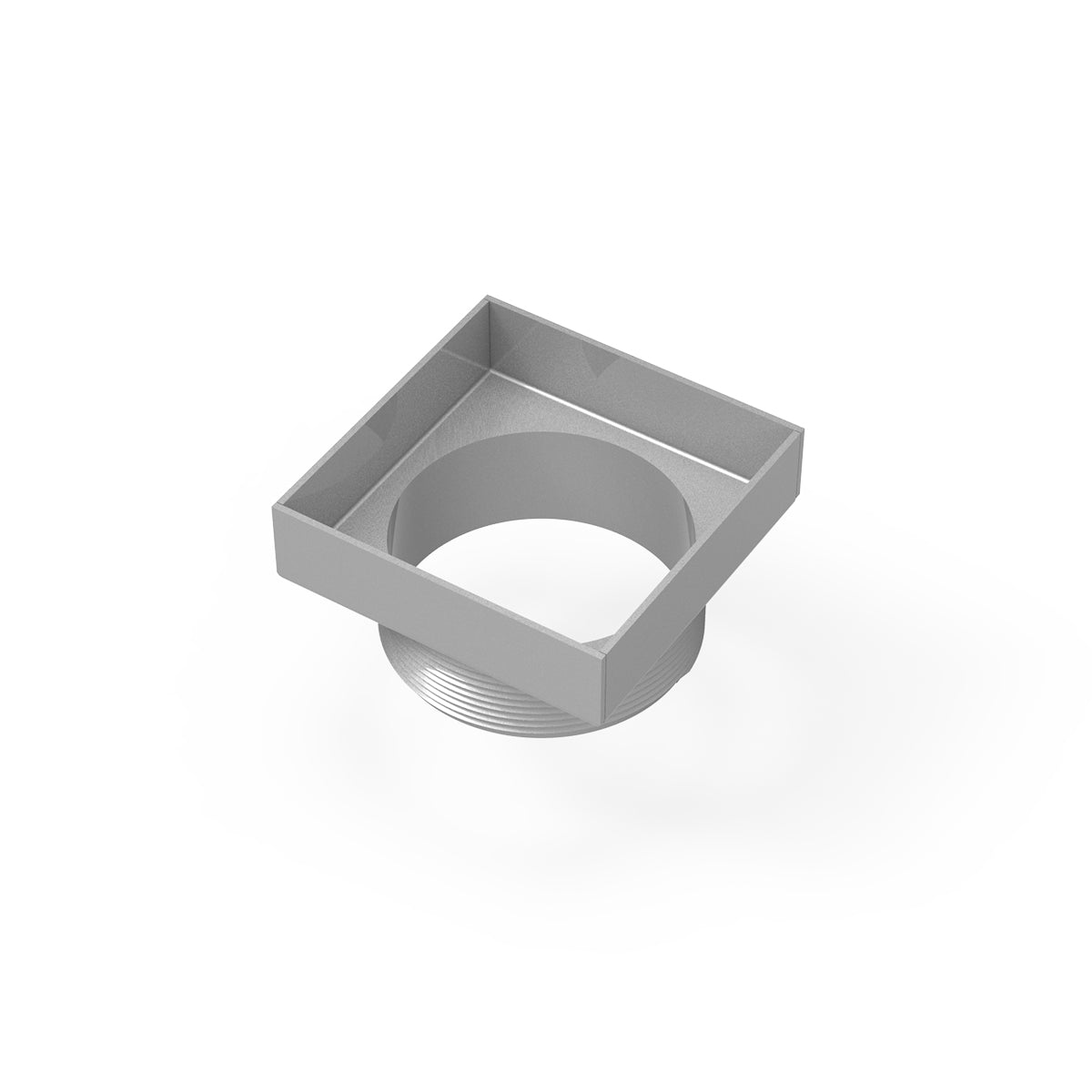 Square satin stainless steel floor drain with center throat opening and threaded connection base.