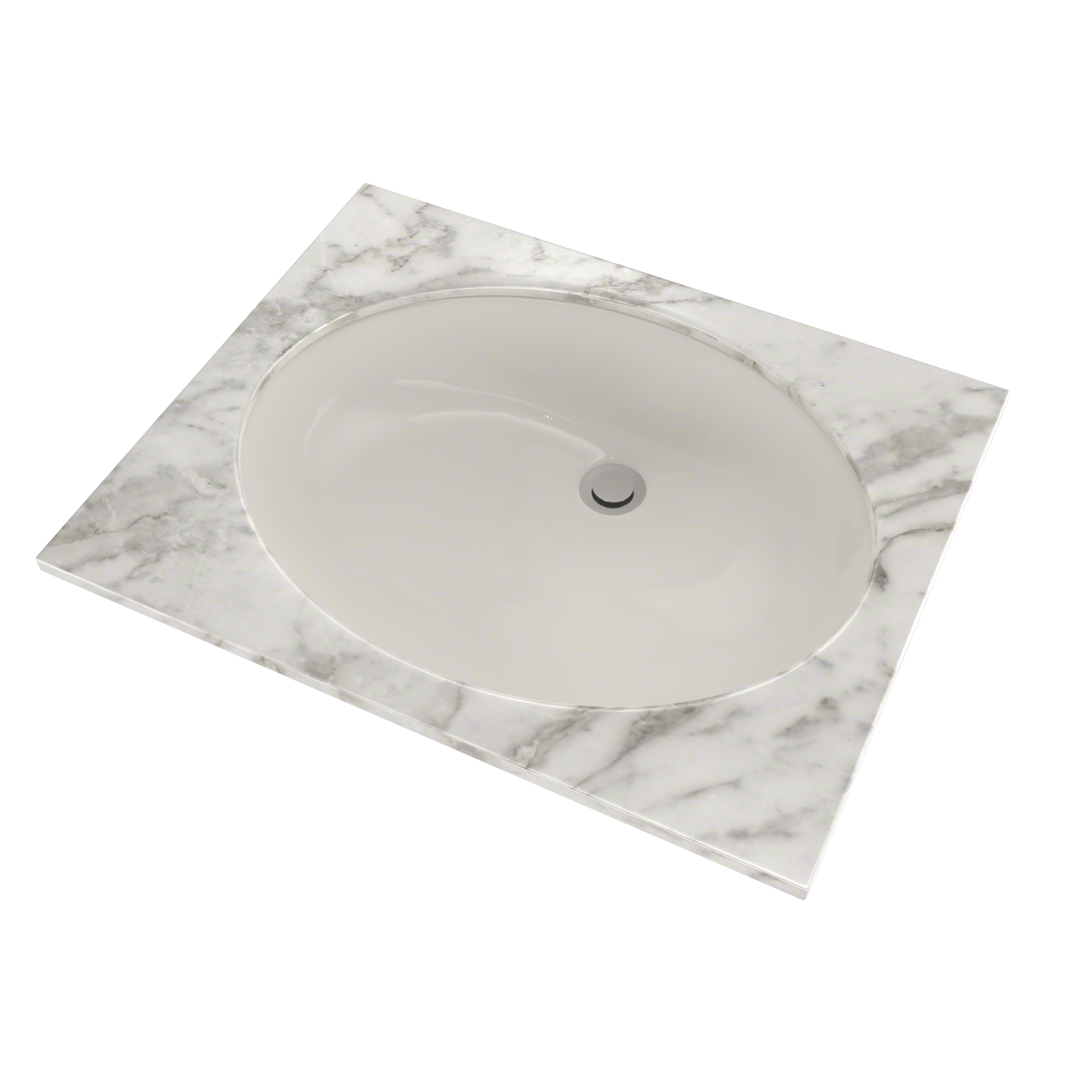 White oval undermount sink recessed into gray and white marble countertop with center drain.