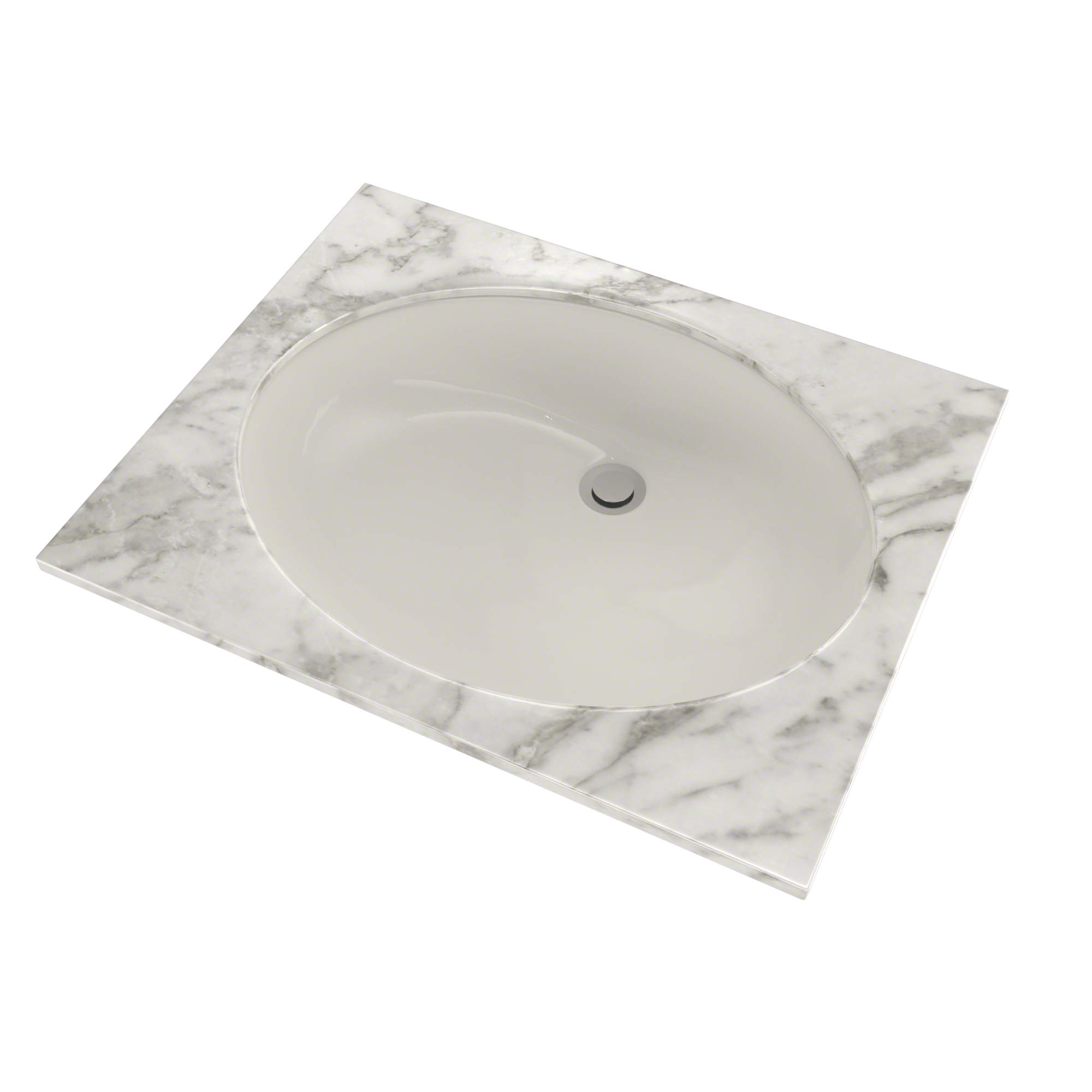White oval undermount sink recessed into gray and white marble countertop with center drain.