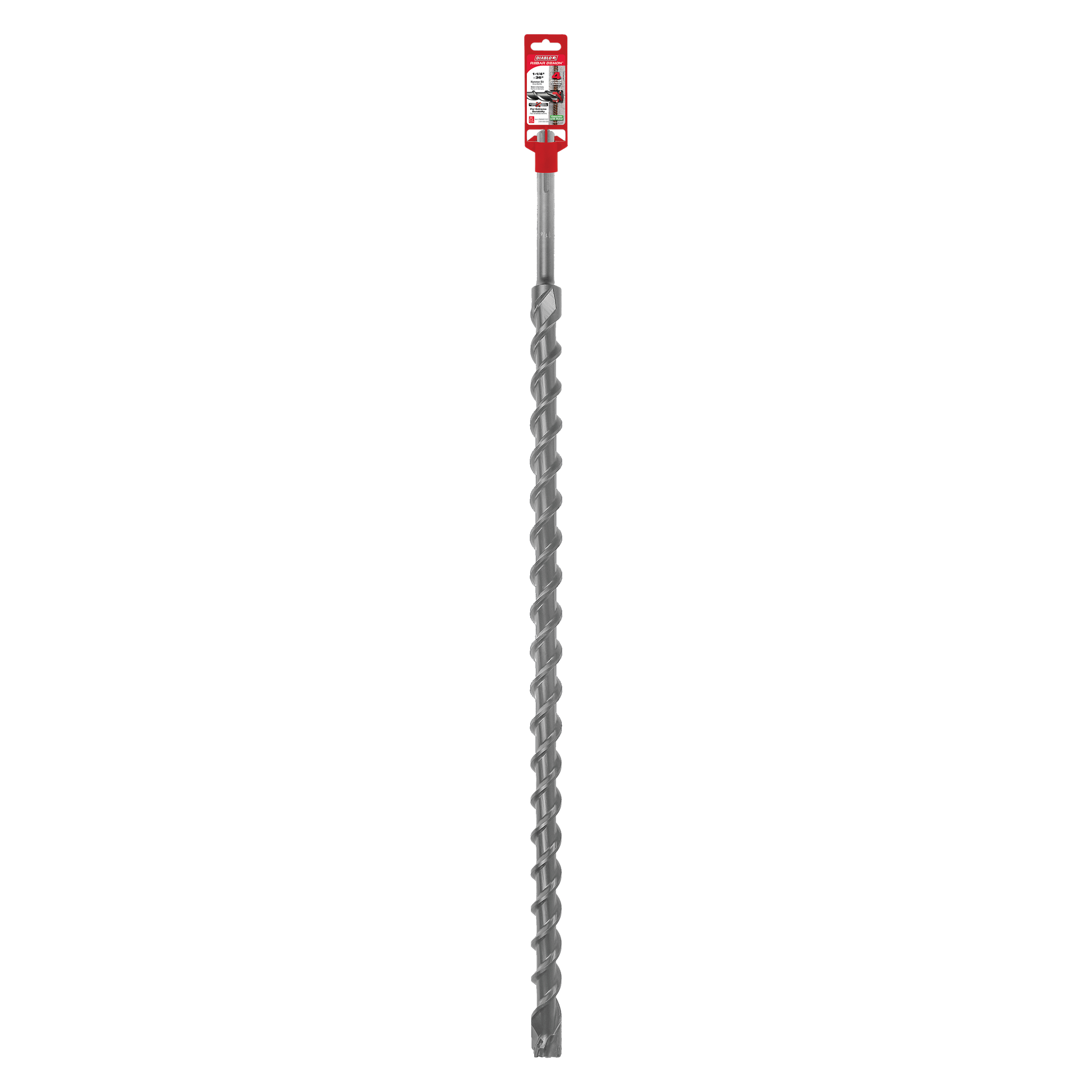 Long SDS-Max hammer drill bit with spiral flutes, red packaging label at top, and carbide cutting head.