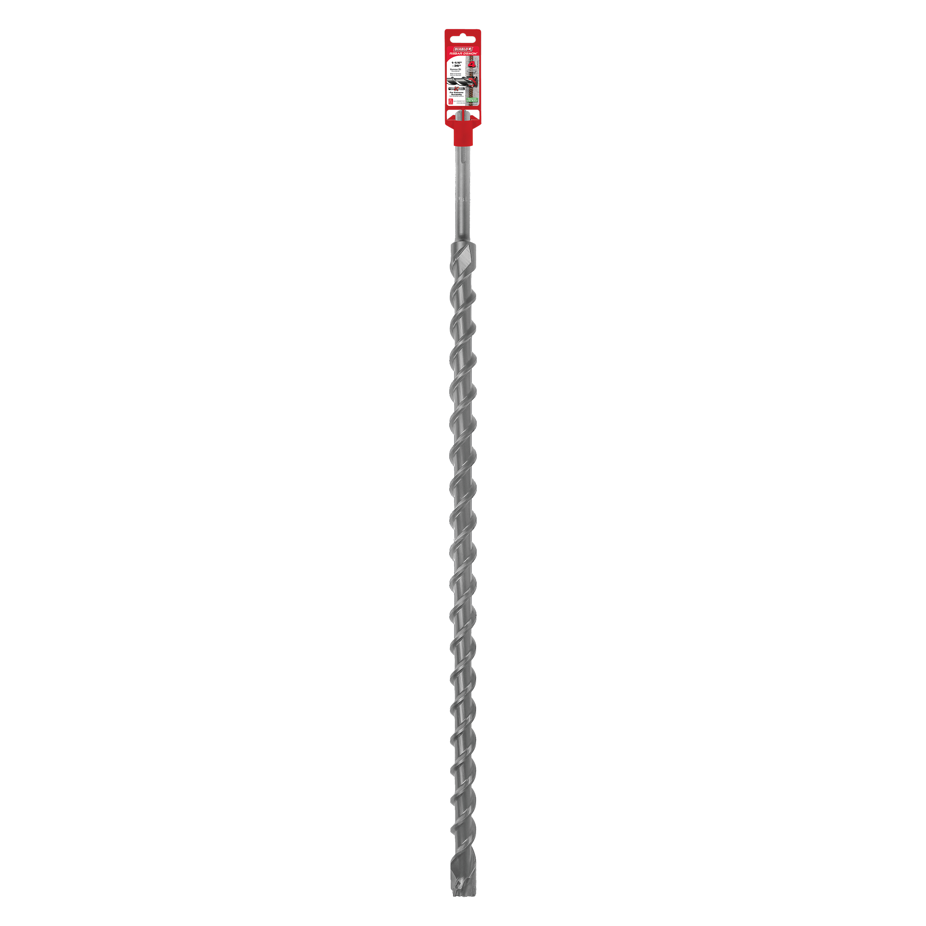 Long SDS-Max hammer drill bit with spiral flutes, red packaging label at top, and carbide cutting head.
