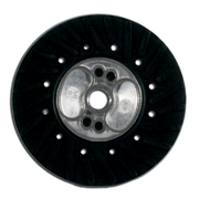 Black rubber backing pad with metal center hub and mounting holes for 4-1/2 inch angle grinder.