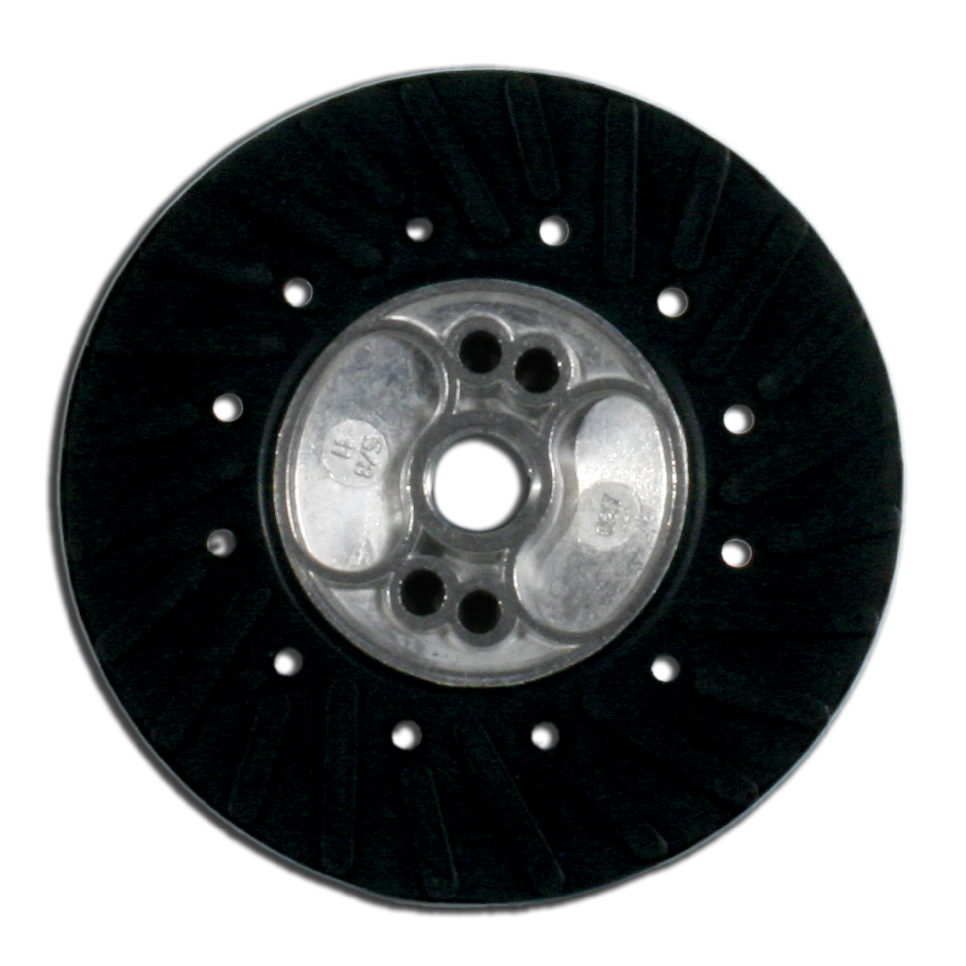 Black rubber backing pad with metal center hub and mounting holes for 4-1/2 inch angle grinder.