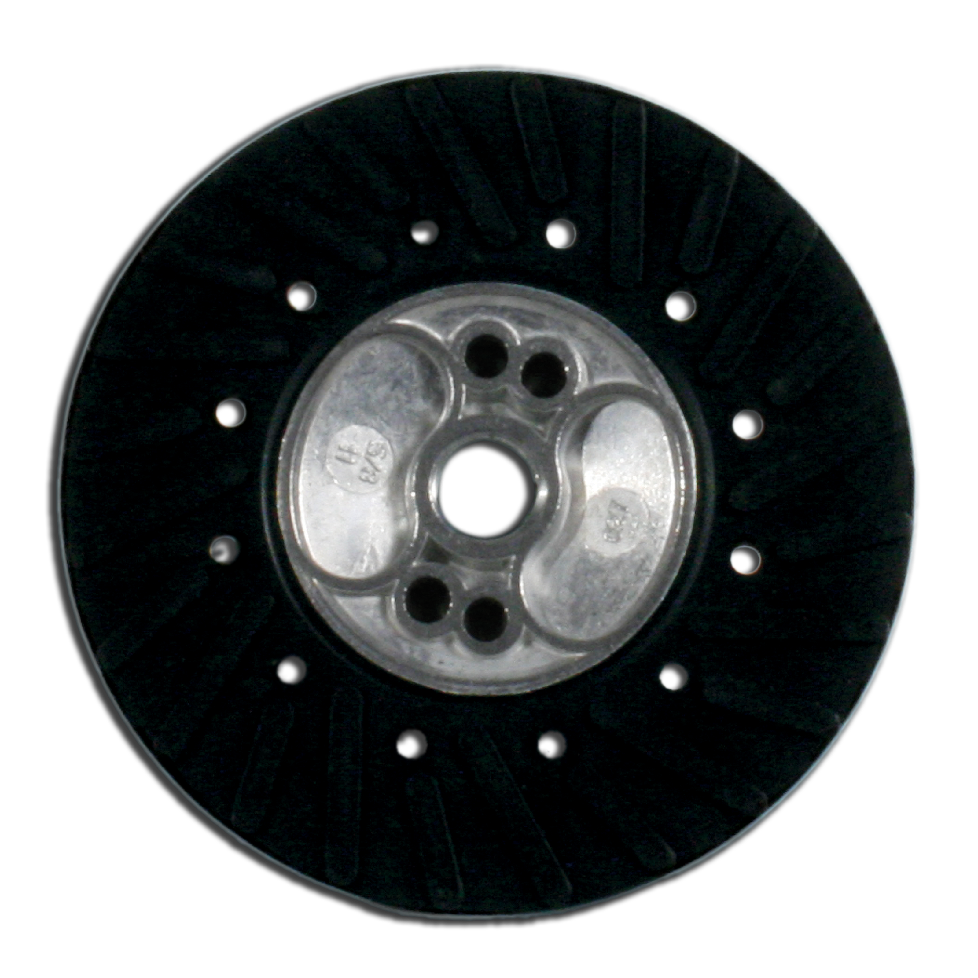 Black rubber backing pad with metal center hub and mounting holes for 4-1/2 inch angle grinder.