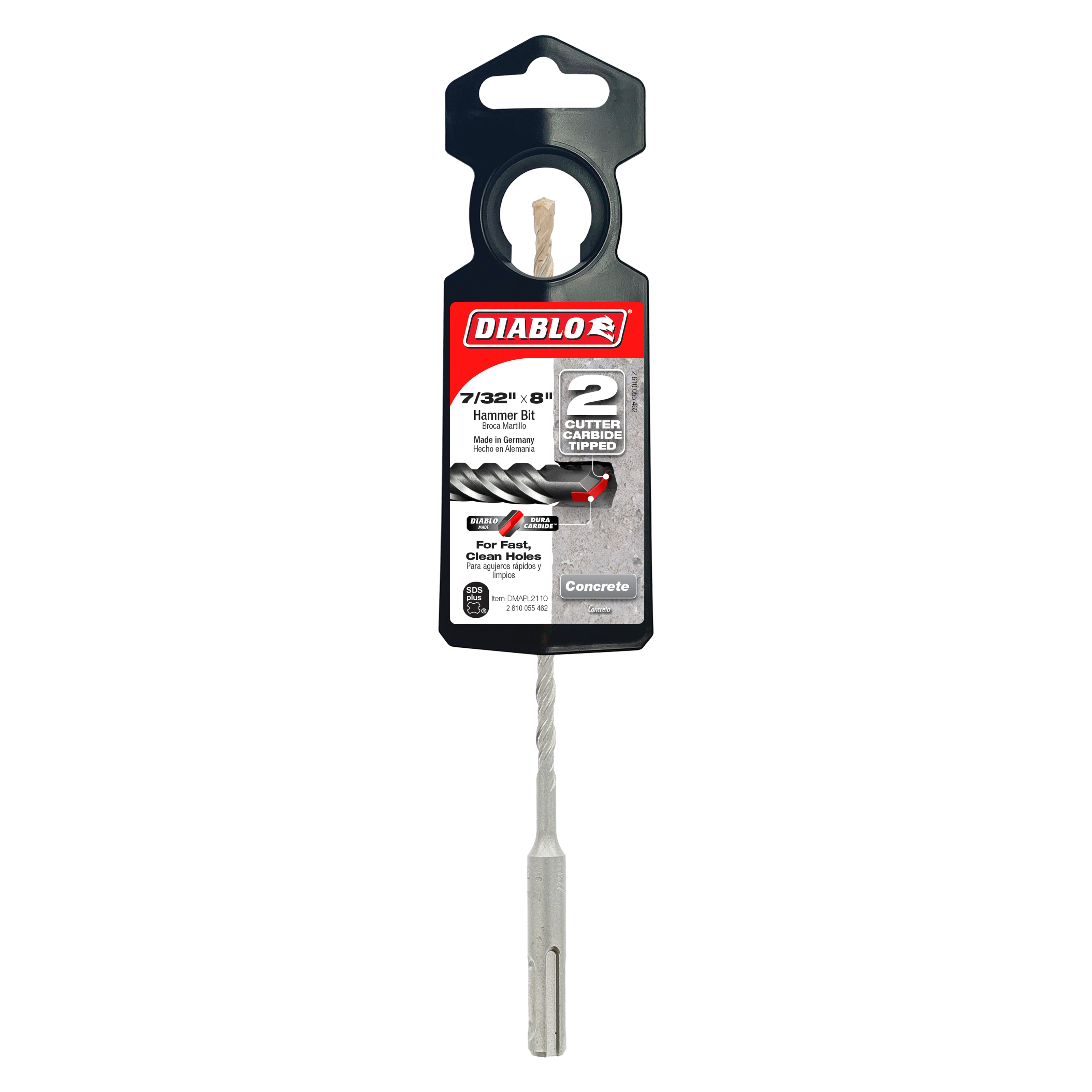 Diablo SDS-Plus hammer drill bit with 2-cutter design in black packaging, 7/32 inch diameter.