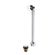 Polished chrome freestanding bathtub drain assembly with vertical pipe, white control plate, and brass base component.