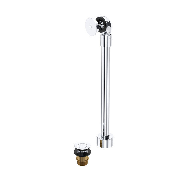 Polished chrome freestanding bathtub drain assembly with vertical pipe, white control plate, and brass base component.