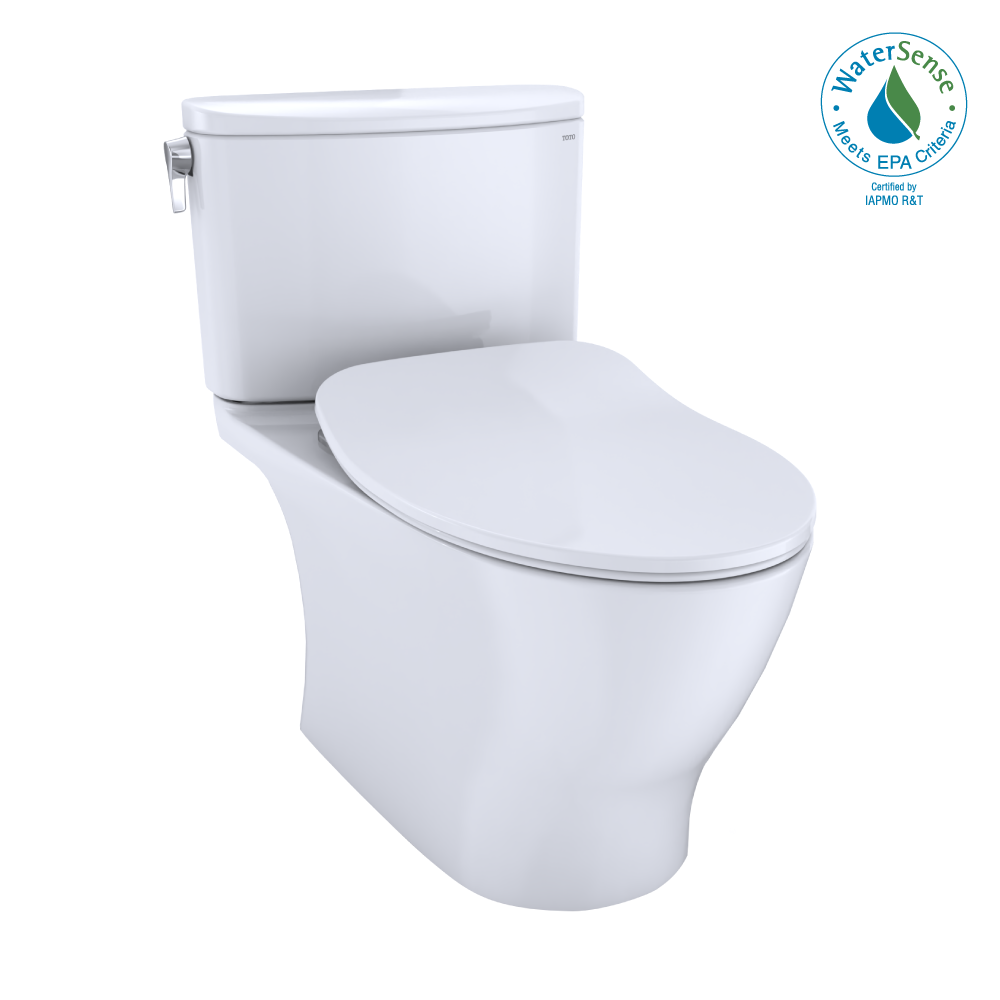 Cotton white two-piece elongated toilet with soft-close seat and matching tank.